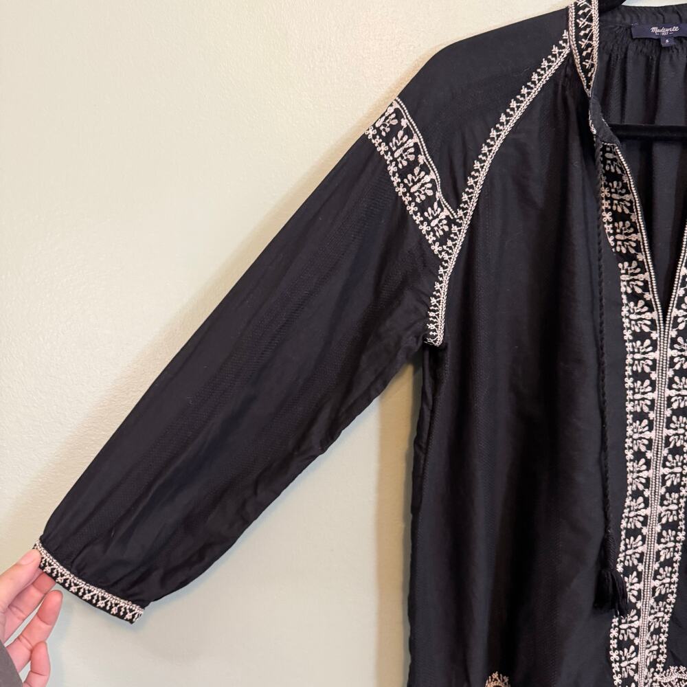 Madewell Camelia Blouse S Black Tunic Embroidery Tassel Festival Boho Peasant - Picture 10 of 10